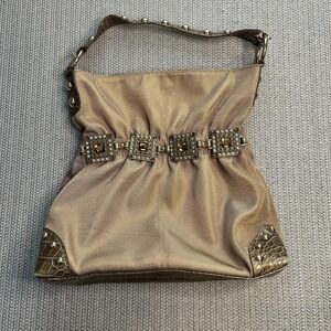 Y2K Kathy Van Zeeland Metallic Bronze Handbag Studded Rhinestone Satchel